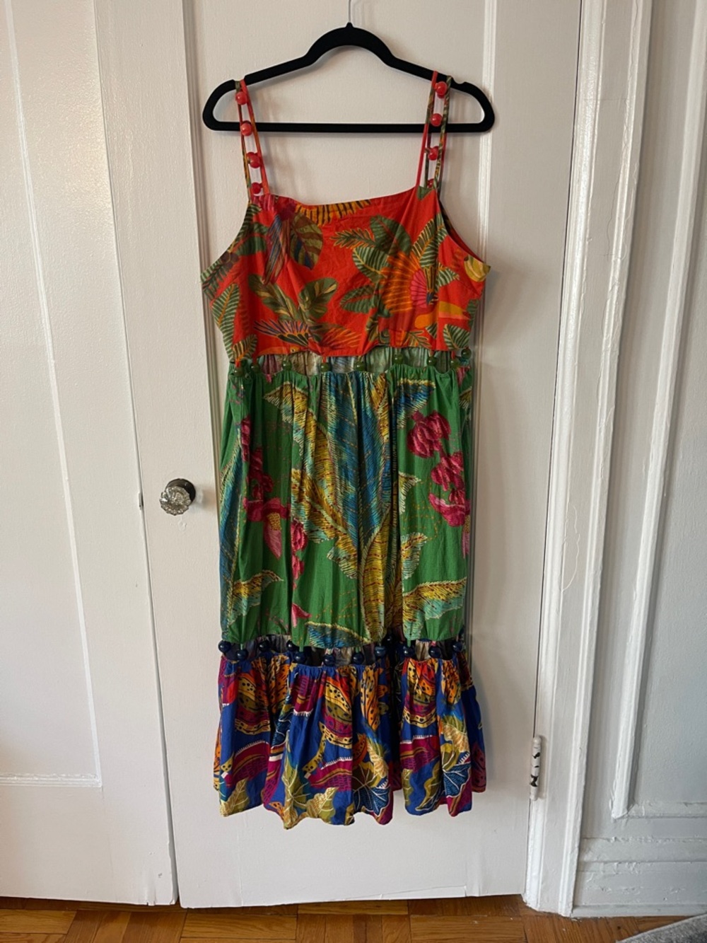 FARM Rio Colorful Mixed-Print Tiered Beased Midi Dress in Red, Green & Blue - Picture 7 of 16